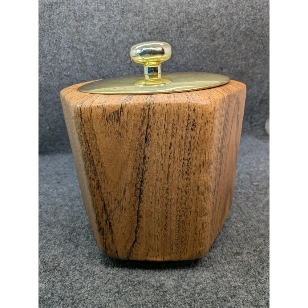 Kraftware Vintage Ice Bucket Faux Woodgrain Gold Tone Lid Mid Century Barware